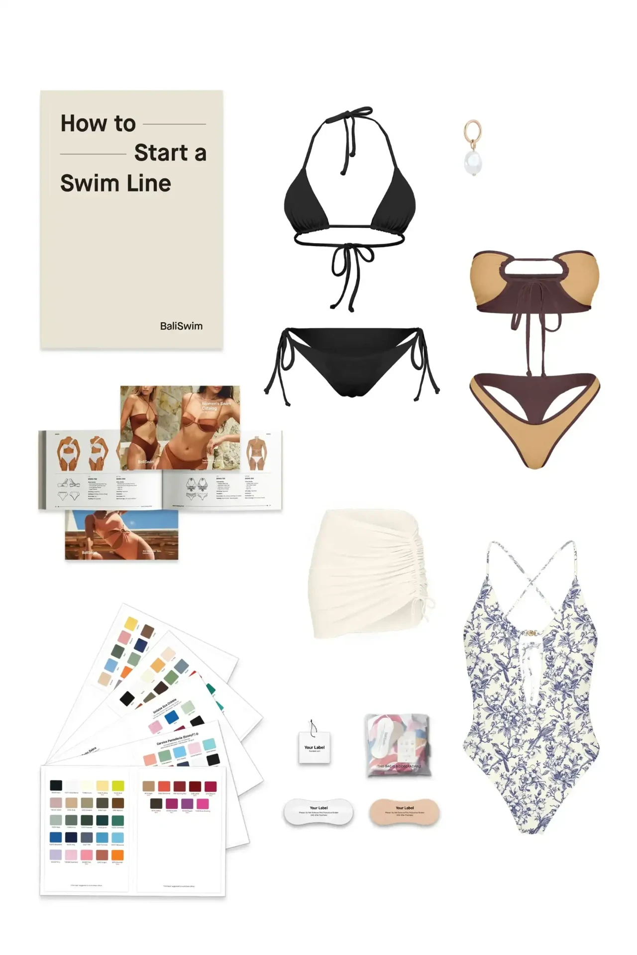 Starter kit flatlay with the How to Start a Swim Line guide, swatch cards, catalogue, labels and three sample garments