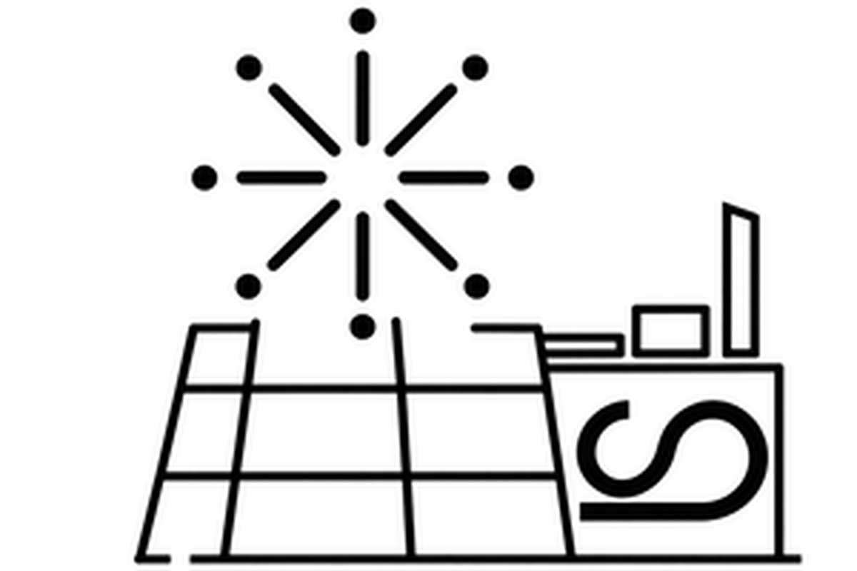 Line illustration of a solar-powered swimwear factory with a sun above and waves below